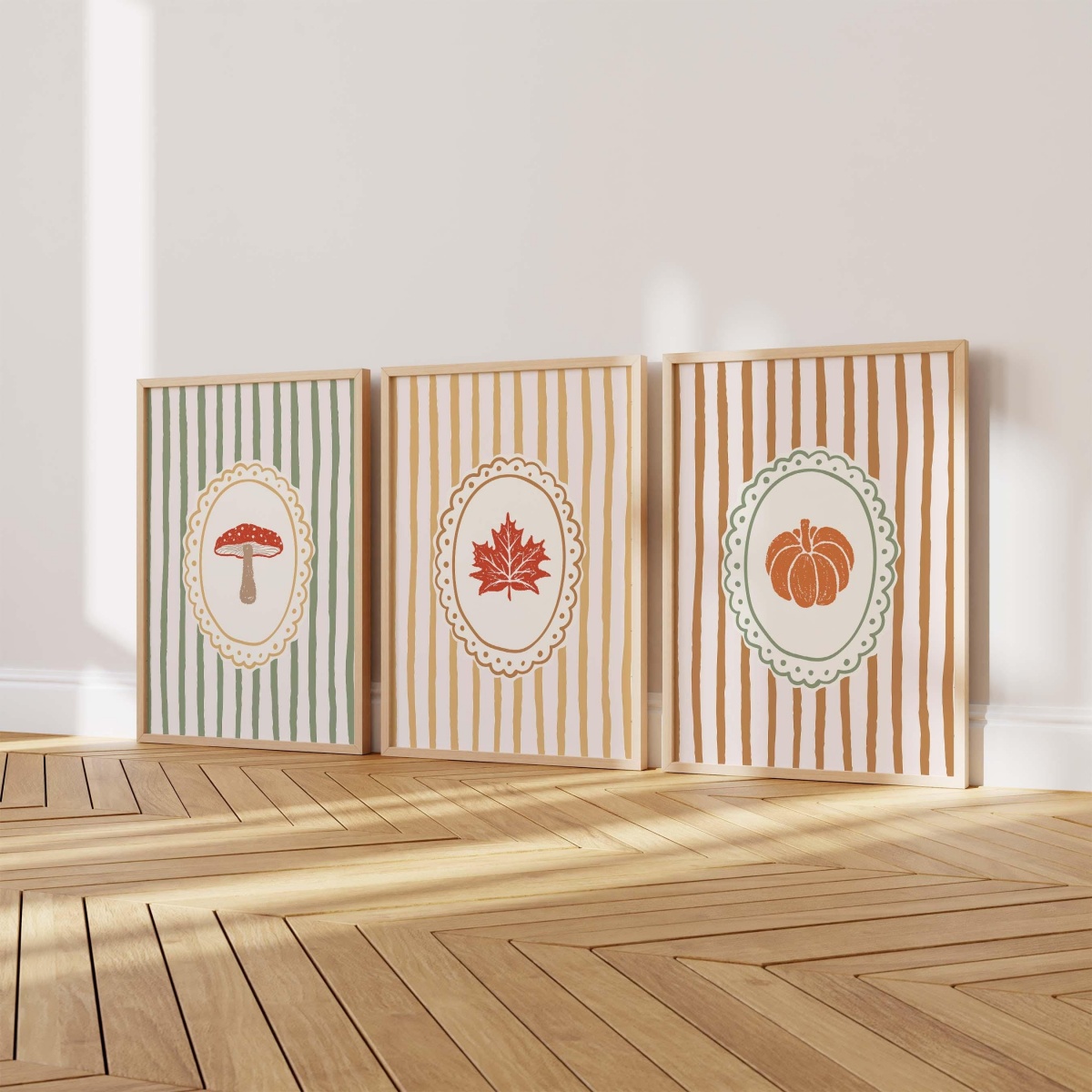 Abstract Canvas Set - 3 adet/set Sonbahar Çizgili Mantar Balkabağı